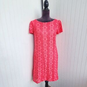 Karl Lagerfeld Lace Cocktail Dress Tulip Short Sleeve Vibrant Coral Pink Nylon 8